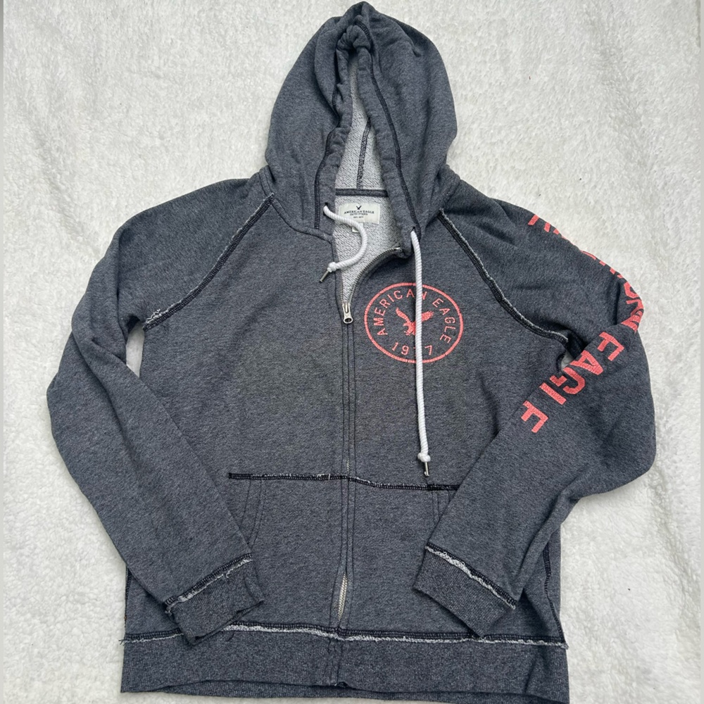 American Eagle Gray Zip Hoodie with Pink Logo